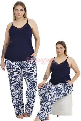 Lacivert Renk ve Desenli Lady 11018 Kadın Askılı Kol Büyük Beden Anne Pijama Takımı