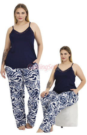 Lacivert Renk ve Desenli Lady 11018 Kadın Askılı Kol Büyük Beden Anne Pijama Takımı