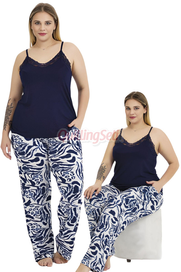 lacivert renk ve desenli lady 11018 kadın askılı kol büyük beden anne pijama takımı, 8509990037352, lady pijama takımı, Lady