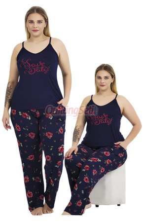 Lacivert Renk ve Çiçek Desenli Lady 11019 Kadın Askılı Kol Büyük Beden Anne Pijama Takımı