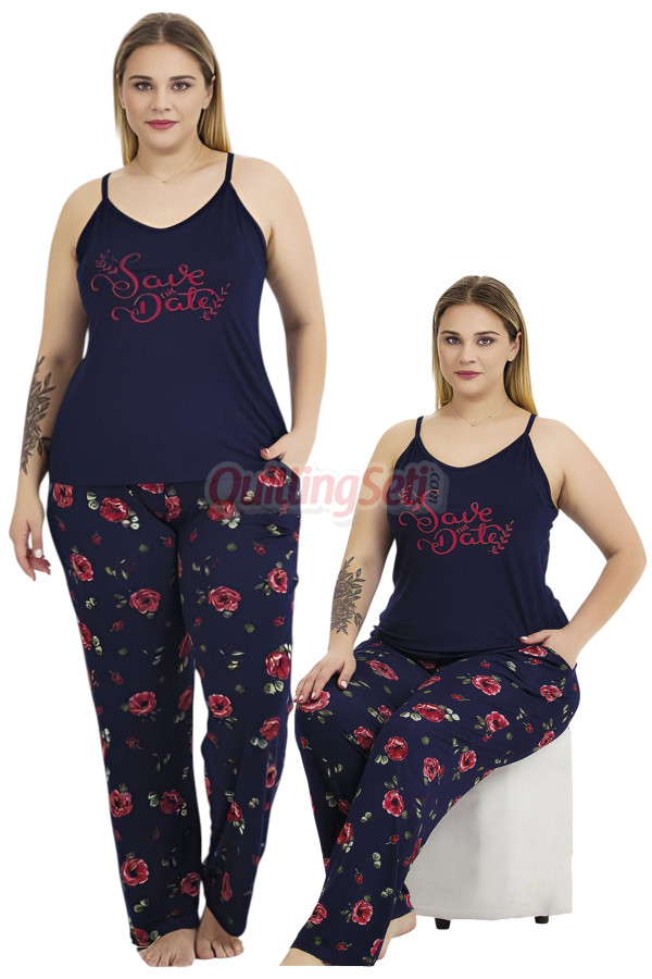 lacivert renk ve çiçek desenli lady 11019 kadın askılı kol büyük beden anne pijama takımı, 8509990037383, lady pijama takımı, Lady