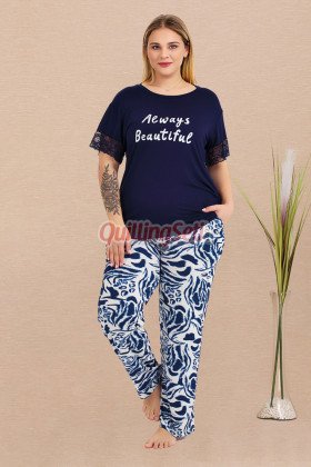 Lacivert Renk ve Desenli Lady 11024 Kadın Kısa Kol Büyük Beden Anne Pijama Takımı