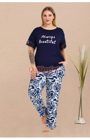Lacivert Renk ve Desenli Lady 11024 Kadın Kısa Kol Büyük Beden Anne Pijama Takımı