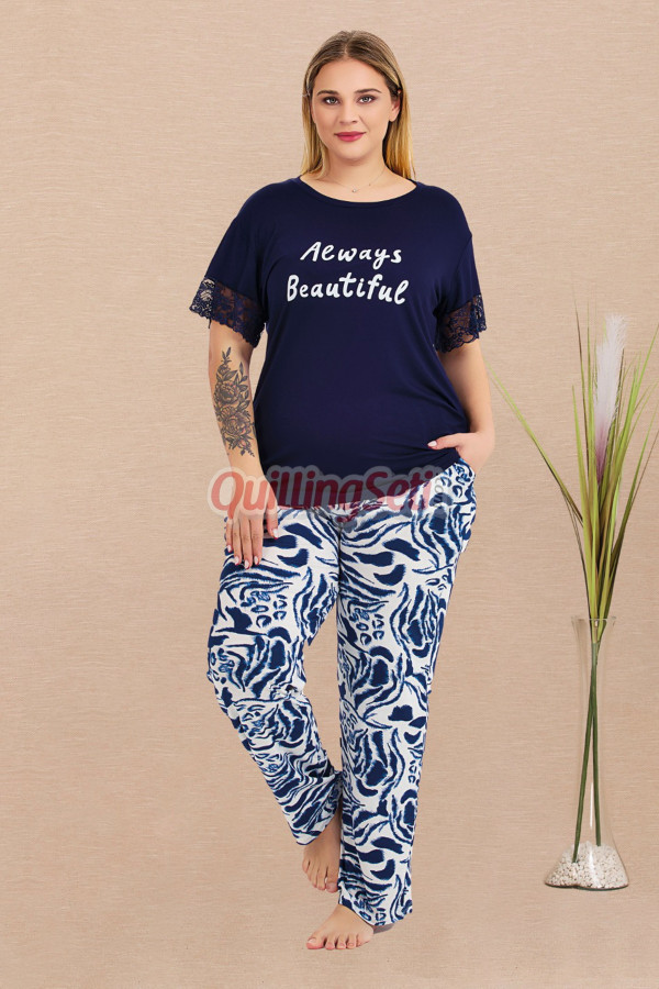 lacivert renk ve desenli lady 11024 kadın kısa kol büyük beden anne pijama takımı, 8509990000486, lady pijama takımı, Lady