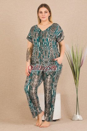 Yeşil Renk ve Timsah Desenli Lady 11030 Kadın Kısa Kol Gömlek Yaka Büyük Beden Anne Pijama Takımı