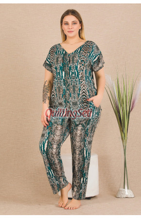Yeşil Renk ve Timsah Desenli Lady 11030 Kadın Kısa Kol Gömlek Yaka Büyük Beden Anne Pijama Takımı