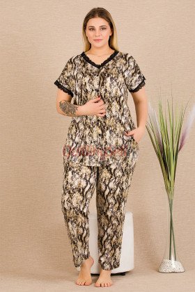Siyah Renk ve Desenli Lady 11032 Kadın Kısa Kol Gömlek Yaka Büyük Beden Anne Pijama Takımı