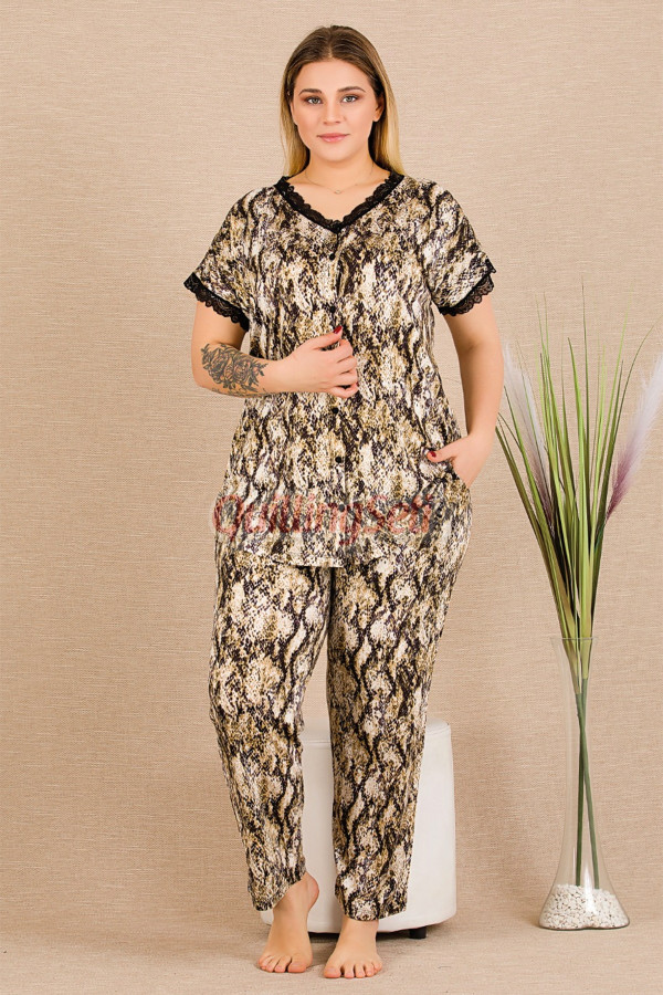 siyah renk ve desenli lady 11032 kadın kısa kol gömlek yaka büyük beden anne pijama takımı, 8509990008611, lady pijama takımı, Lady
