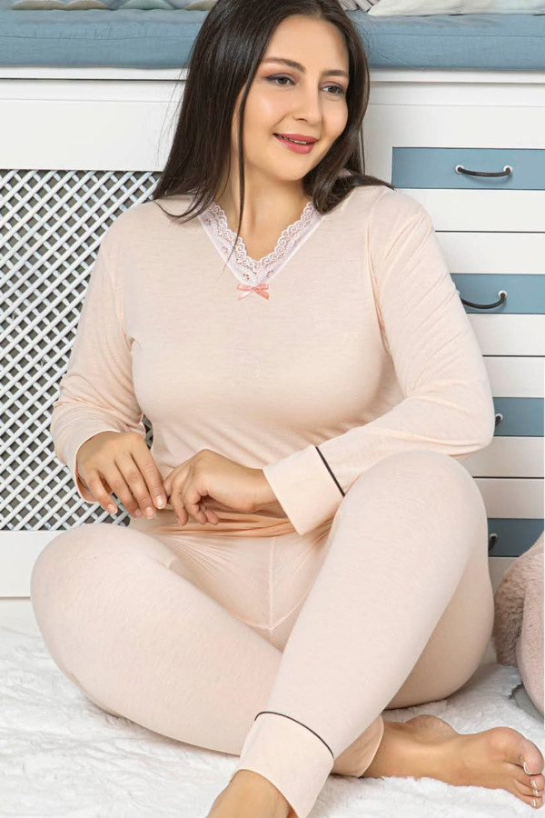jenika 42035 krem renk battal boy büyük beden uzun kol penye pijama takımı, jenika-42035, büyük beden (battal boy) pijama takımları, Lady