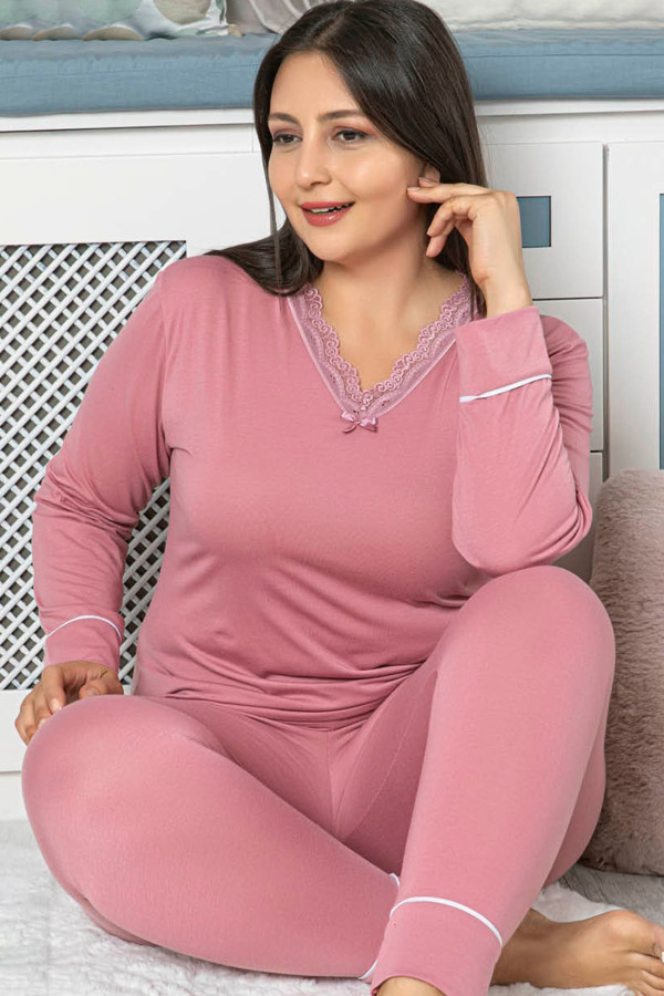 jenika 42053 gül kurusu renk battal boy büyük beden uzun kol penye pijama takımı, jenika-42053, büyük beden (battal boy) pijama takımları, Lady