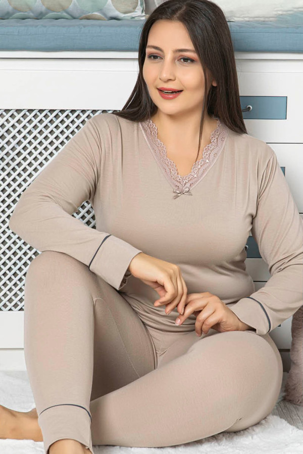 jenika 42054 bej renk battal boy büyük beden uzun kol penye pijama takımı, jenika-42054, büyük beden (battal boy) pijama takımları, Jenika