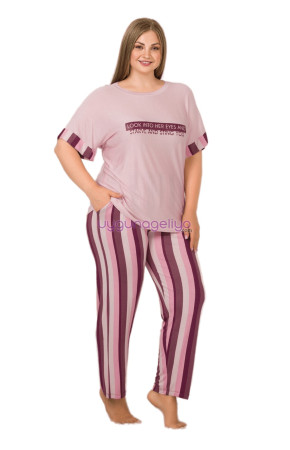 Pembe Renk ve Çizgi Desenli LADY 10894 Kadın Kısa Kol Büyük Beden Pijama Takımı 