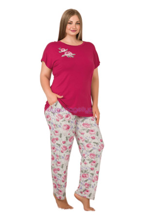 Bordo Renk ve Çiçek Desenli LADY 10895 Kadın Kısa Kol Büyük Beden Pijama Takımı 