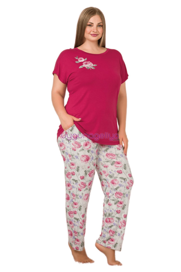 Bordo Renk ve Çiçek Desenli LADY 10895 Kadın Kısa Kol Büyük Beden Pijama Takımı 