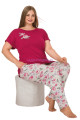 Bordo Renk ve Çiçek Desenli LADY 10895 Kadın Kısa Kol Büyük Beden Pijama Takımı 