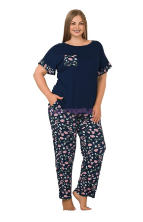 Lacivert Renk ve Çiçek Desenli LADY 10896 Kadın Kısa Kol Büyük Beden Pijama Takımı 