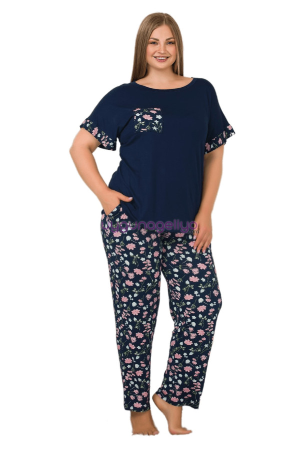 lacivert renk ve çiçek desenli lady 10896 kadın kısa kol büyük beden pijama takımı, eli̇t0010896-2xl, büyük beden (battal boy) pijama takımları, ELİT0010896-2XL