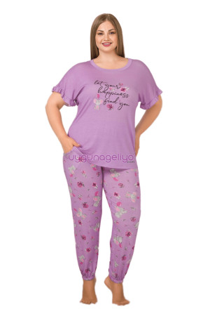 Lila Renk ve Çiçek Desenli LADY 10897 Kadın Kısa Kol Büyük Beden Pijama Takımı 