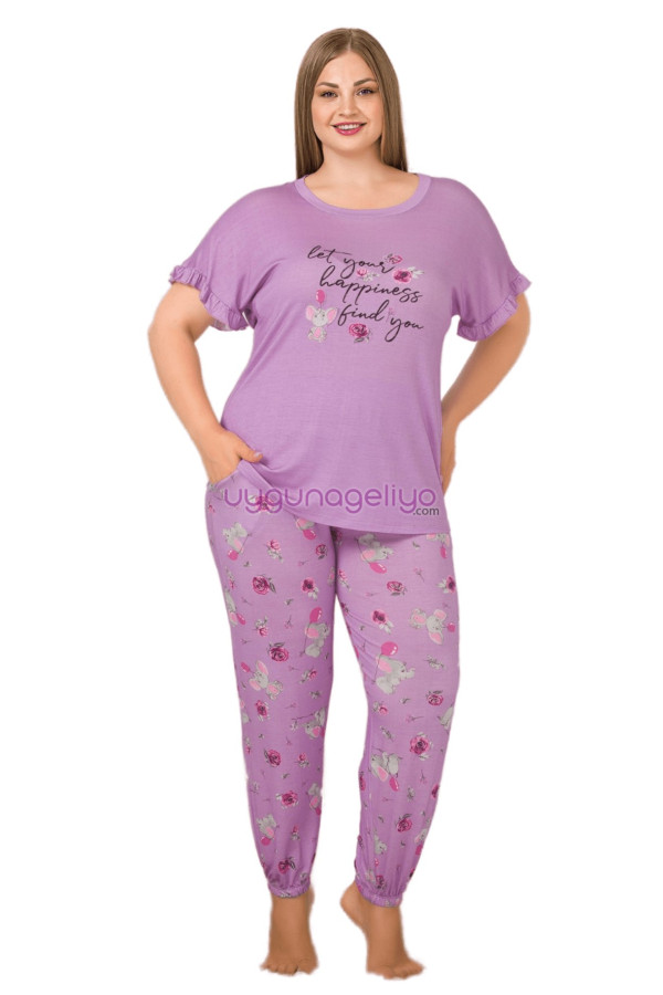 lila renk ve çiçek desenli lady 10897 kadın kısa kol büyük beden pijama takımı, eli̇t0010897-2xl, büyük beden (battal boy) pijama takımları, Lady
