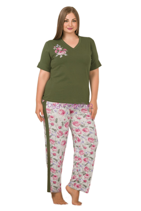 haki yeşil renk ve çiçek desenli lady 10898 kadın kısa kol büyük beden pijama takımı, eli̇t0010898-2xl, büyük beden (battal boy) pijama takımları, ELİT0010898-2XL