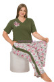 Haki Yeşil Renk ve Çiçek Desenli Lady 10898 Kadın Kısa Kol Büyük Beden Pijama Takımı 