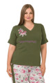 Haki Yeşil Renk ve Çiçek Desenli Lady 10898 Kadın Kısa Kol Büyük Beden Pijama Takımı 