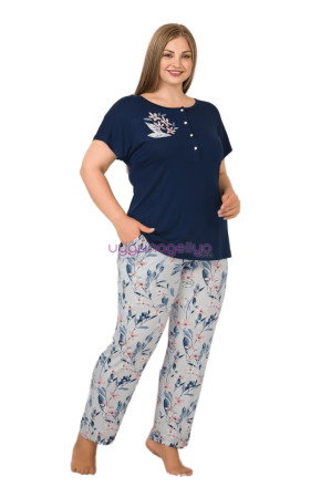 Lacivert Renk ve Çiçek Desenli Lady 10901 Kadın Kısa Kol Büyük Beden Pijama Takımı 