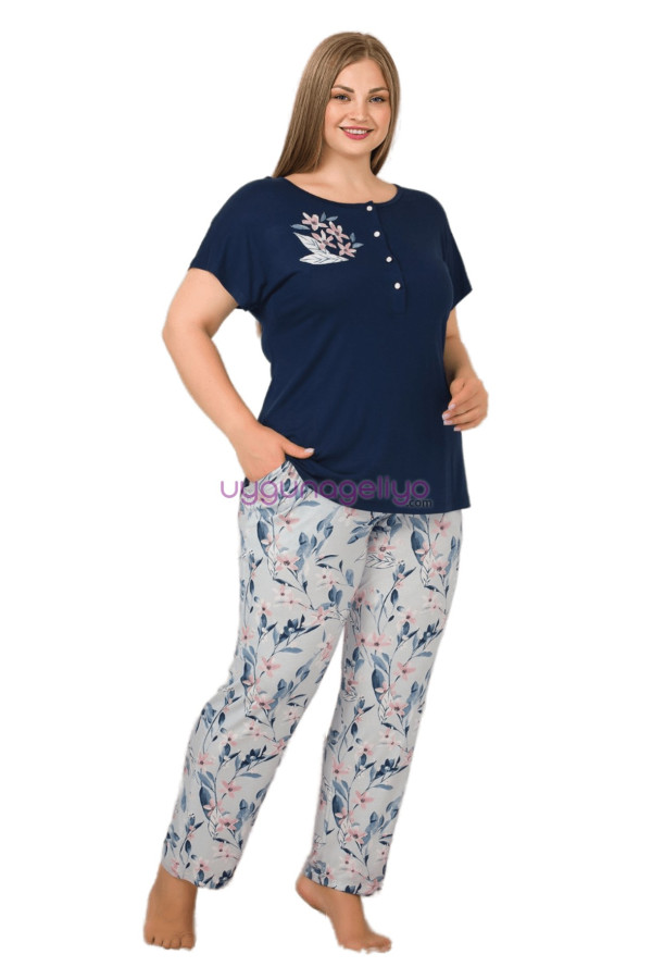 lacivert renk ve çiçek desenli lady 10901 kadın kısa kol büyük beden pijama takımı, eli̇t0010901-2xl, büyük beden (battal boy) pijama takımları, ELİT0010901-2XL