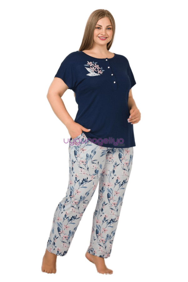 lacivert renk ve çiçek desenli lady 10901 kadın kısa kol büyük beden pijama takımı, eli̇t0010901-2xl, büyük beden (battal boy) pijama takımları, Lady
