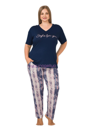 Lacivert Renk ve Çizgili Desenli Lady 10902 Kadın Kısa Kol Büyük Beden Pijama Takımı 