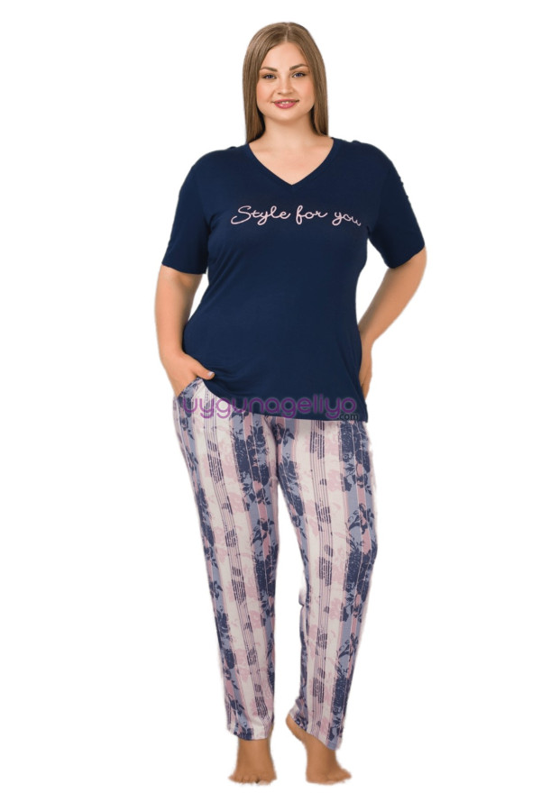 lacivert renk ve çizgili desenli lady 10902 kadın kısa kol büyük beden pijama takımı, eli̇t0010902-2xl, büyük beden (battal boy) pijama takımları, ELİT0010902-2XL