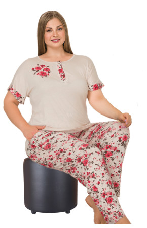 Krem Renk ve Çiçek Desenli 10903 Kadın Kısa Kol Lady Büyük Beden Pijama Takımı 