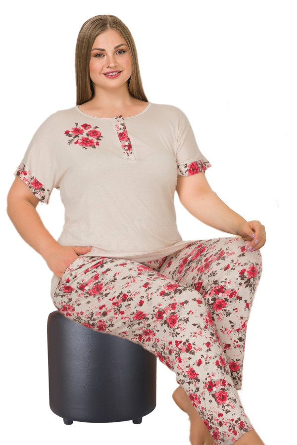 krem renk ve çiçek desenli 10903 kadın kısa kol lady büyük beden pijama takımı, eli̇t0010903-2xl, büyük beden (battal boy) pijama takımları, Lady