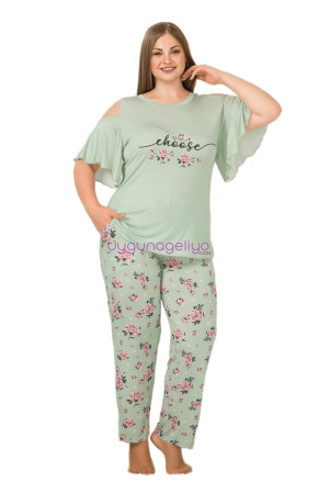Yeşil Renk ve Çiçek Desenli Lady 10905 Kadın Kısa Kol Büyük Beden Pijama Takımı 
