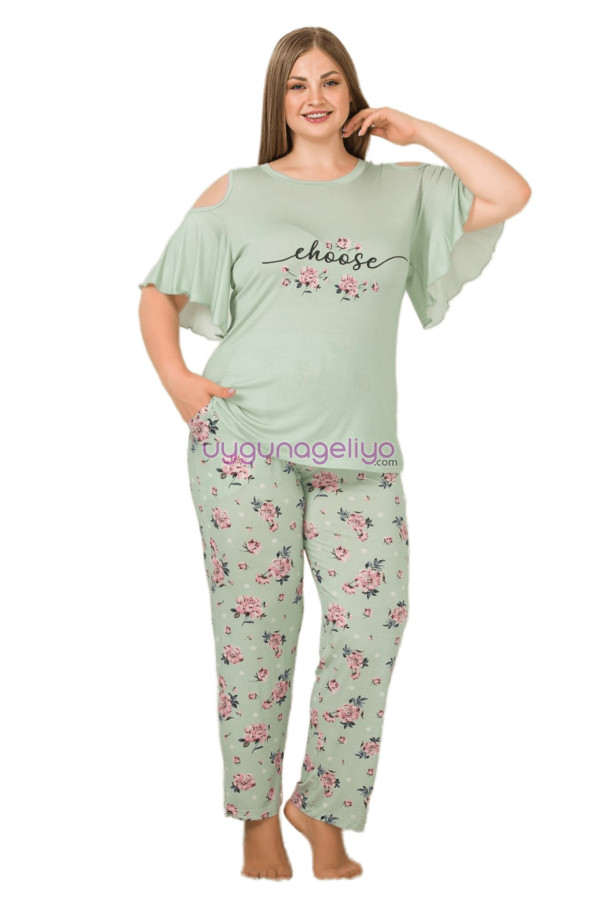 yeşil renk ve çiçek desenli lady 10905 kadın kısa kol büyük beden pijama takımı, eli̇t0010905-2xl, büyük beden (battal boy) pijama takımları, ELİT0010905-2XL