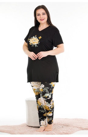 Siyah Renk ve Çiçek Desenli 10908 Kadın Kısa Kol Lady Büyük Beden Pijama Takımı 