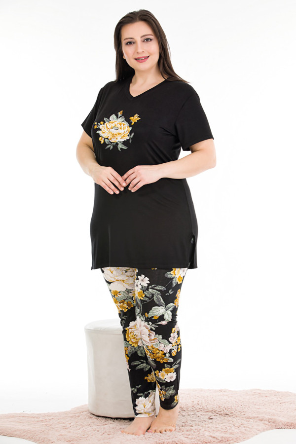 siyah renk ve çiçek desenli 10908 kadın kısa kol lady büyük beden pijama takımı, eli̇t0010908-2xl, büyük beden (battal boy) pijama takımları, Lady