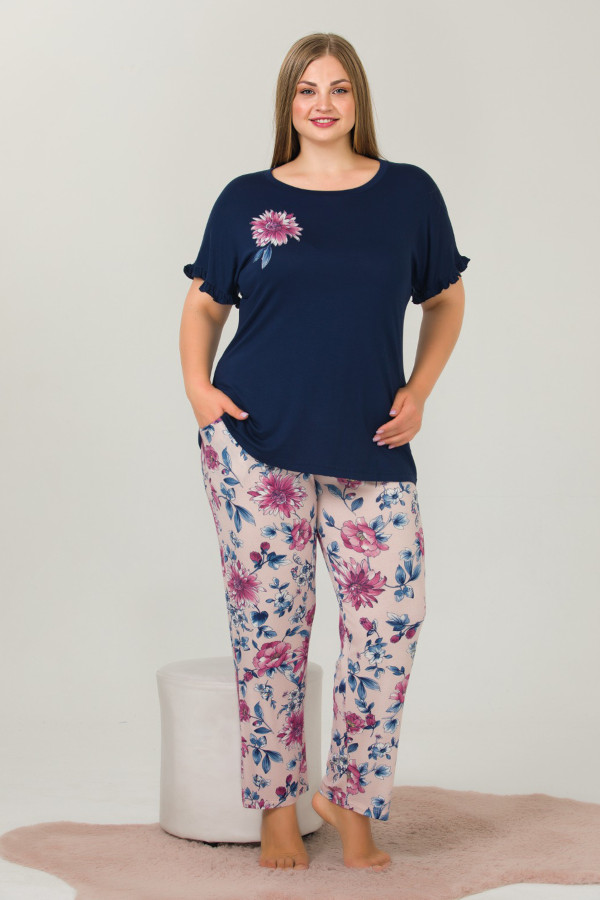 lacivert renk ve çiçek desenli 10912 kadın kısa kol lady büyük beden pijama takımı, elt0010912-2xl, büyük beden (battal boy) pijama takımları, ELT0010912-2XL