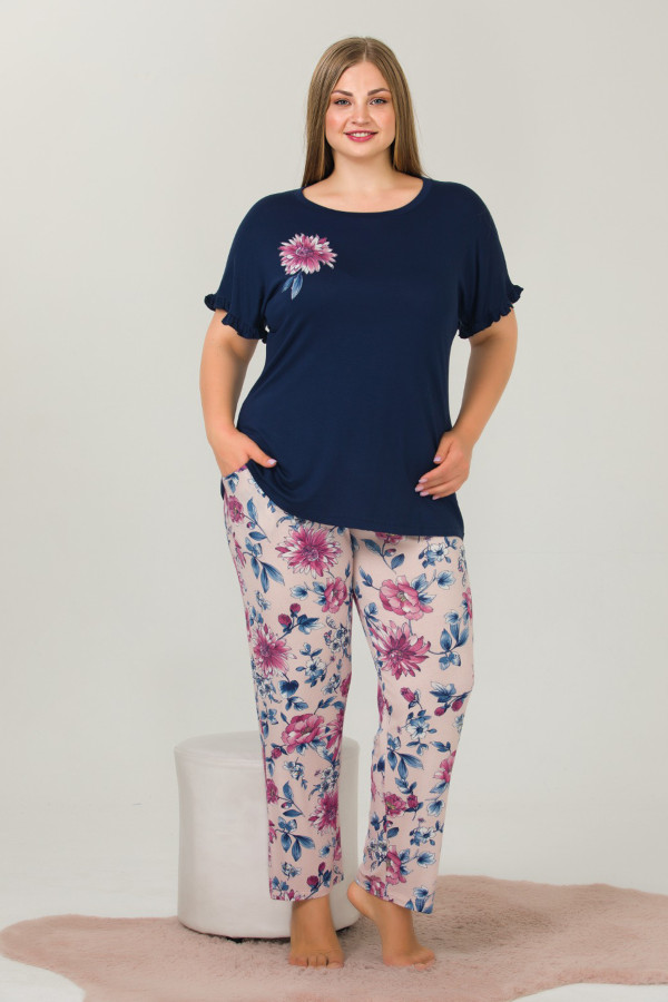 lacivert renk ve çiçek desenli 10912 kadın kısa kol lady büyük beden pijama takımı, elt0010912-2xl, büyük beden (battal boy) pijama takımları, Lady