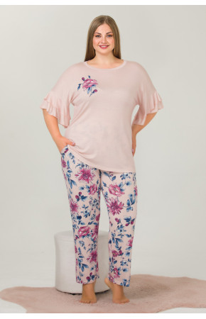Somon Renk ve Çiçek Desenli 10913 Kadın Kısa Kol Lady Büyük Beden Pijama Takımı 