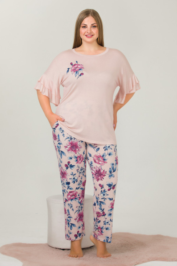somon renk ve çiçek desenli 10913 kadın kısa kol lady büyük beden pijama takımı, elt0010913-2xl, büyük beden (battal boy) pijama takımları, ELT0010913-2XL