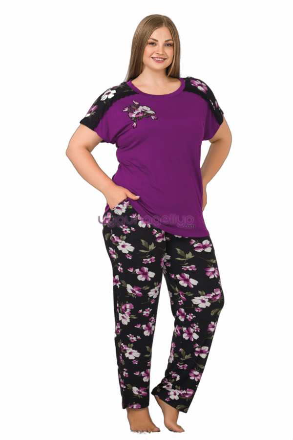 mor renk ve çiçek desen lady-10899 kadın kısa kol büyük beden pijama takımı, eli̇t0010899-2xl, büyük beden (battal boy) pijama takımları, Lady