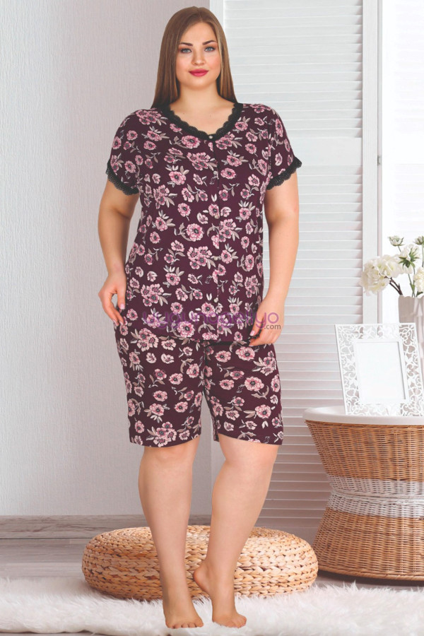 mürdüm renk ve çiçek desenli lady 10350 büyük beden şortlu pijama takımı, lady-10350, büyük beden şortlu pijama takımı, Quilling Seti