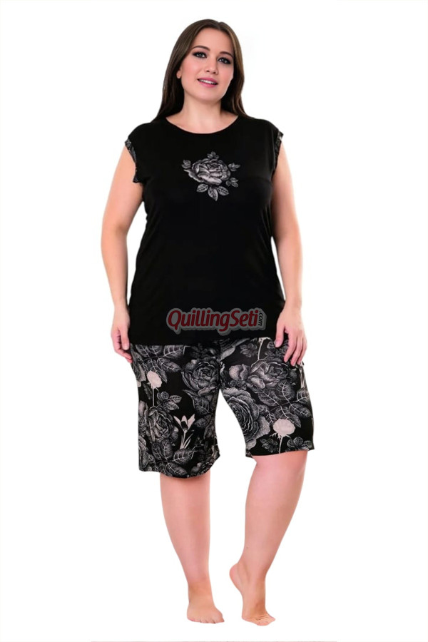 rahat ve şık kadın lady 10404 çiçekli desen siyah renk büyük beden şortlu anne pijama takımı, 8509990009946, lady pijama takımı, Lady