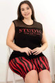 rahat ve şık kadın lady 10405 çizgili desen siyah renk büyük beden şortlu anne pijama takımı, 8509990009915, lady pijama takımı, Lady