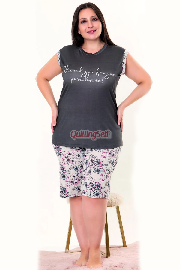 rahat ve şık kadın lady 10415 çiçek desenli füme renk büyük beden şortlu anne pijama takımı, 8509990009816, lady pijama takımı, Lady