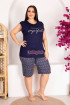Lacivert Renk Desenli Kısa Kol Lady 10418 Büyük Beden Battal Boy Şortlu Pijama Takım