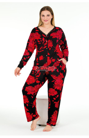 Çiçek Desenli Uzun Kollu ve Önden Düğmeli Lady 11374 Kadın Büyük Beden Pijama Takımı, Battal Pijama