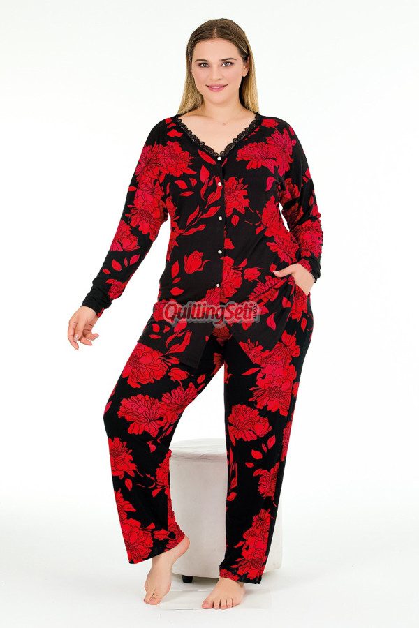 çiçek desenli uzun kollu ve önden düğmeli lady 11374 kadın büyük beden pijama takımı, battal pijama, lady-11374-2xl, büyük beden (battal boy) pijama takımları, Lady