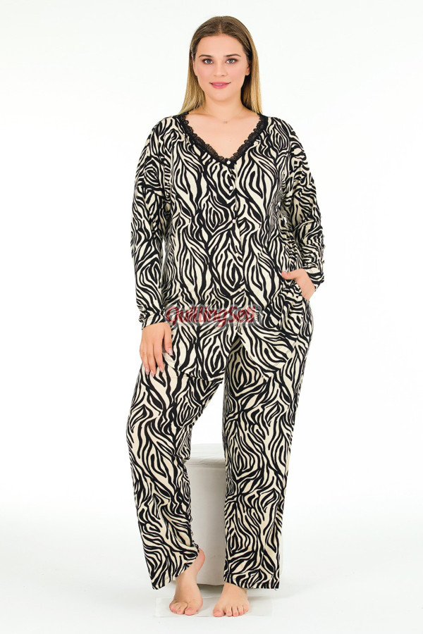 zebra desenli uzun kollu ve önden düğmeli lady 11377 kadın büyük beden pijama takımı, battal pijama, lady-11377-2xl, büyük beden (battal boy) pijama takımları, Lady